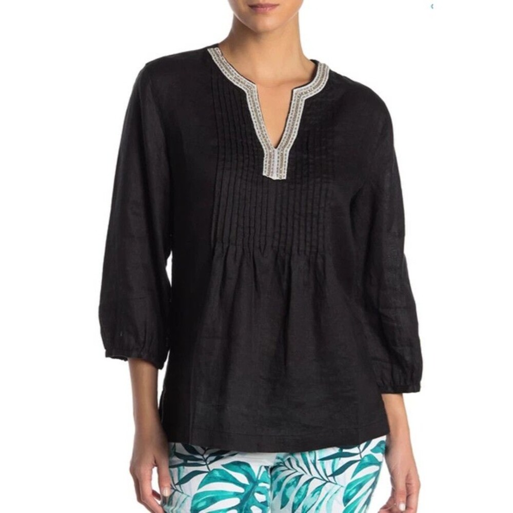 Tommy Bahama Womens XS Luxe 100% Linen Embellished Black Tunic V Neck Top